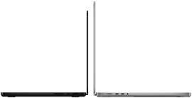 14‑calowy MacBook Pro w kolorze gwiezdnej czerni obok 16‑calowego MacBooka Pro w kolorze srebrnym