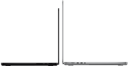14‑calowy MacBook Pro w kolorze gwiezdnej czerni obok 16‑calowego MacBooka Pro w kolorze srebrnym