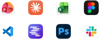 Ikony aplikacji Microsoft PowerPoint, Claude by Anthropic, Microsoft Excel, Figma, Visual Studio Code, LM Studio, Adobe Photoshop i Slack