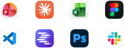 Ikony aplikacji Microsoft PowerPoint, Claude by Anthropic, Microsoft Excel, Figma, Visual Studio Code, LM Studio, Adobe Photoshop i Slack