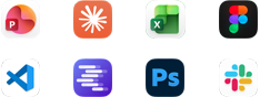 Ikony aplikacji Microsoft PowerPoint, Claude by Anthropic, Microsoft Excel, Figma, Visual Studio Code, LM Studio, Adobe Photoshop i Slack