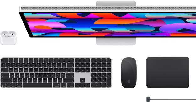 AirPods, Studio Display, Magic Keyboard, Magic Mouse, Magic Trackpad, przewód ładujący MagSafe