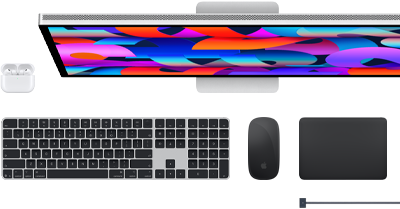 AirPods, Studio Display, Magic Keyboard, Magic Mouse, Magic Trackpad, przewód ładujący MagSafe