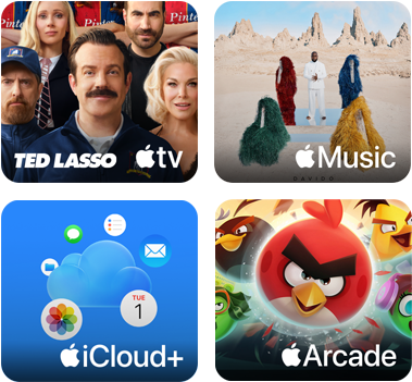 Cztery kafelki, kafelek Apple TV przedstawiający postacie z serialu Ted Lasso, kafelek Apple Music z okładką albumu Davido 5ive, kafelek iCloud Plus z chmurą otoczoną ikonami aplikacji Zdjęcia, Kalendarz, Poczta, Przypomnienia, Wiadomości i Pliki, kafelek Apple Arcade z postaciami z gry Angry Birds