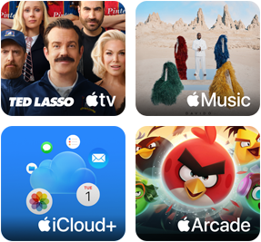 Cztery kafelki, kafelek Apple TV przedstawiający postacie z serialu Ted Lasso, kafelek Apple Music z okładką albumu Davido 5ive, kafelek iCloud Plus z chmurą otoczoną ikonami aplikacji Zdjęcia, Kalendarz, Poczta, Przypomnienia, Wiadomości i Pliki, kafelek Apple Arcade z postaciami z gry Angry Birds