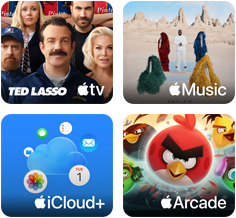 Cztery kafelki, kafelek Apple TV przedstawiający postacie z serialu Ted Lasso, kafelek Apple Music z okładką albumu Davido 5ive, kafelek iCloud Plus z chmurą otoczoną ikonami aplikacji Zdjęcia, Kalendarz, Poczta, Przypomnienia, Wiadomości i Pliki, kafelek Apple Arcade z postaciami z gry Angry Birds