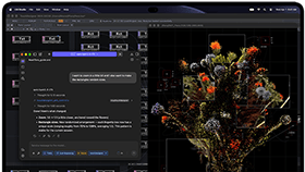 MacBook Pro z wyświetlaczem PROLED XDR, kolor gwiezdnej czerni, na ekranie widać obraz tworzony w aplikacji TouchDesigner i LM Studio
