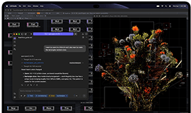 MacBook Pro z wyświetlaczem PROLED XDR, kolor gwiezdnej czerni, na ekranie widać obraz tworzony w aplikacji TouchDesigner i LM Studio