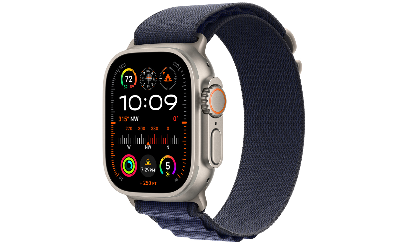 Alpine Armband für Apple Watch 44–49 mm M Natur Titan/Blau - Gesamtansicht