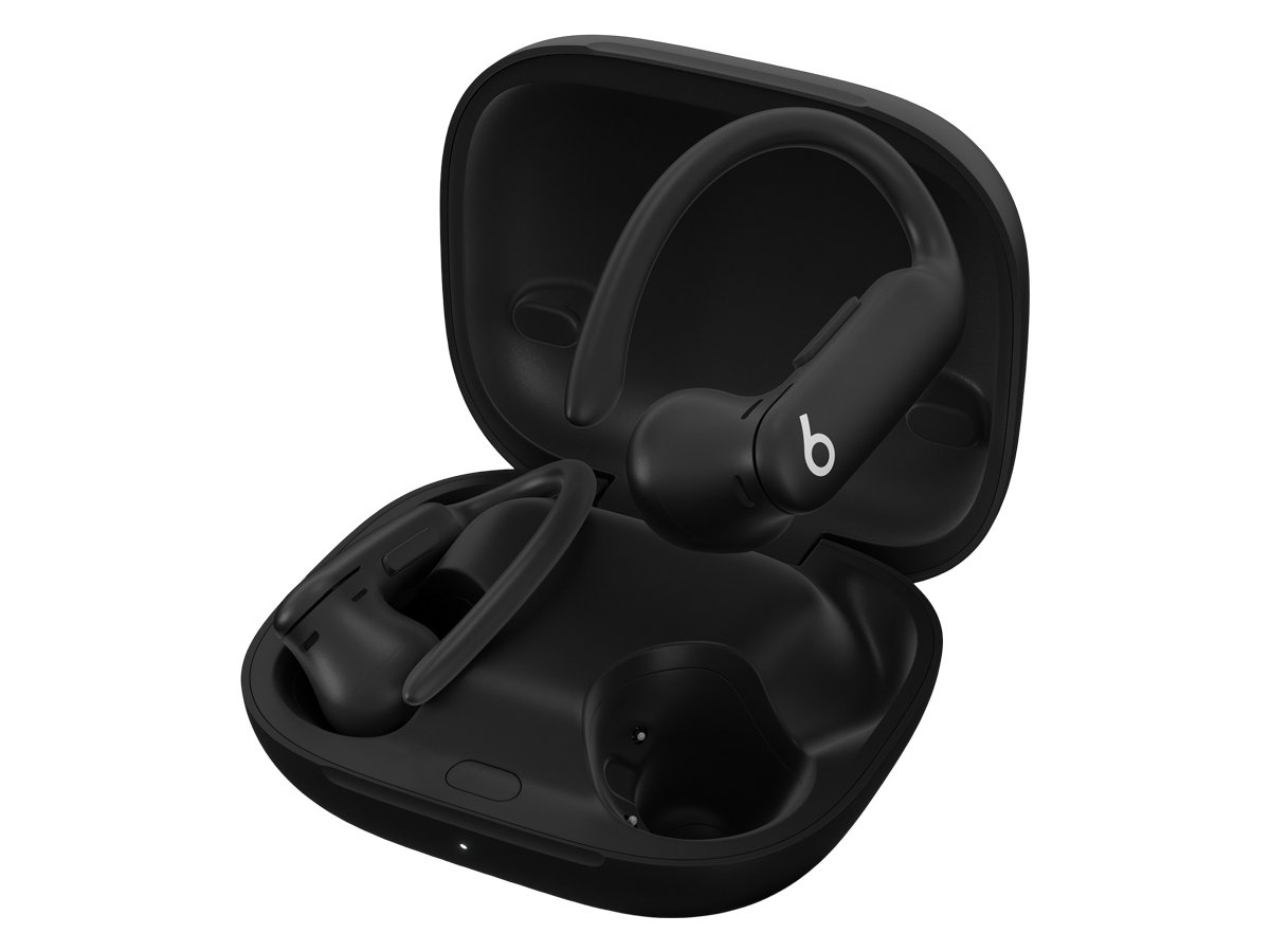 Słuchawki Apple Powerbeats Pro 2 Niedościgniona czerń - Widok ogólny wraz z otwartym etui ładującym