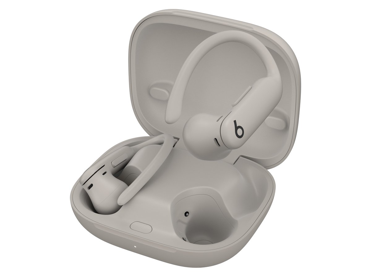 Słuchawki Apple Powerbeats Pro 2 Piaskowa burza - Widok ogólny wraz z otwartym etui ładującym