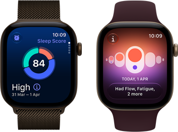 Apple Watch Series 12 z kopertą z aluminium w kolorze ciemnego brązu, wykres kołowy z wynikiem snu, pokrętło Digital Crown, bransoleta mediolańska w kolorze ciemnego brązu