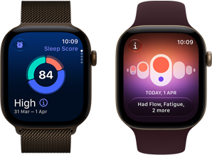 Apple Watch Series 12 z kopertą z aluminium w kolorze ciemnego brązu, wykres kołowy z wynikiem snu, pokrętło Digital Crown, bransoleta mediolańska w kolorze ciemnego brązu