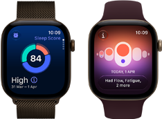 Apple Watch Series 12 z kopertą z aluminium w kolorze ciemnego brązu, wykres kołowy z wynikiem snu, pokrętło Digital Crown, bransoleta mediolańska w kolorze ciemnego brązu
