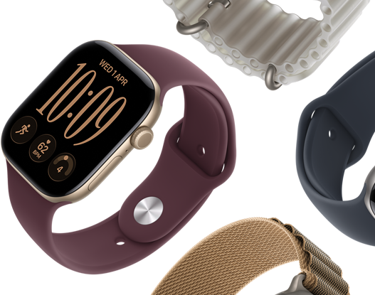 Paski do Apple Watch Series 11: pasek sportowy w kolorze mlecznego fioletu, pasek Ocean w kolorze marynarskiego granatu, opaska Alpine w kolorze jasnoniebieskim