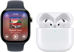 Apple Watch Series 12 z kopertą z aluminium w kolorze czarnym, z czarnym paskiem sportowym, z otwartą aplikacją Apple Music, sparowany ze słuchawkami AirPods 4