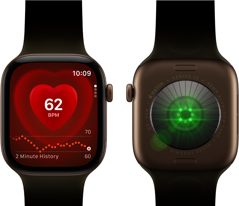 Dwa urządzenia Apple Watch Series 12 z kopertą z aluminium w kolorze ciemnego brązu i z paskiem sportowym w kolorze oliwki. Na jednym widać aplikację Tętno, na tyle drugiego – System monitorowania zdrowia z migającymi zielonymi diodami LED