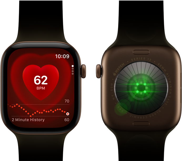 Dwa urządzenia Apple Watch Series 12 z kopertą z aluminium w kolorze ciemnego brązu i z paskiem sportowym w kolorze oliwki. Na jednym widać aplikację Tętno, na tyle drugiego – System monitorowania zdrowia z migającymi zielonymi diodami LED