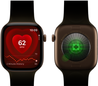 Dwa urządzenia Apple Watch Series 12 z kopertą z aluminium w kolorze ciemnego brązu i z paskiem sportowym w kolorze oliwki. Na jednym widać aplikację Tętno, na tyle drugiego – System monitorowania zdrowia z migającymi zielonymi diodami LED