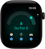 Apple Watch Series 12 z kopertą z aluminium w kolorze czarnym, wynik gotowości równy 8, widoczny prawy bok urządzenia, pokrętło Digital Crown