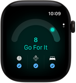 Apple Watch Series 12 z kopertą z aluminium w kolorze czarnym, wynik gotowości równy 8, widoczny prawy bok urządzenia, pokrętło Digital Crown