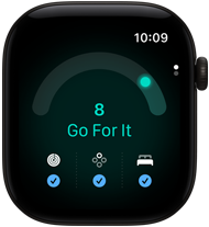 Apple Watch Series 12 z kopertą z aluminium w kolorze czarnym, wynik gotowości równy 8, widoczny prawy bok urządzenia, pokrętło Digital Crown