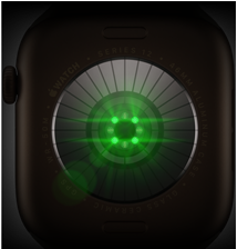 Widoczny od tyłu Apple Watch Series 12 z kopertą z aluminium w kolorze ciemnego brązu, wiele okrągłych czujników z zielonymi diodami LED, lewy bok urządzenia, pokrętło Digital Crown, pasek sportowy w kolorze oliwki