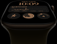 Apple Watch Series 12 z kopertą z aluminium w kolorze ciemnego brązu, tarcza Moduły, komplikacje: dzień i data, Treningi, Pierścienie aktywności, Apple Music, widoczny prawy bok urządzenia, pokrętło Digital Crown, pasek sportowy w kolorze oliwki
