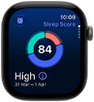 Apple Watch Series 12 z kopertą z aluminium w kolorze gwiezdnej szarości, na ekranie wykres kołowy z wynikiem snu, widoczna prawa strona obudowy, pokrętło Digital Crown