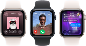 Trzy urządzenia Apple Watch SE 3 obok siebie. Na jednym widać aplikację Apple Music, na drugim przychodzące połączenie telefoniczne, a na trzecim wymianę wiadomości przez iMessage