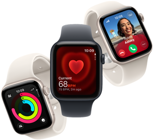 Trzy urządzenia Apple Watch SE 3 unoszące się obok siebie