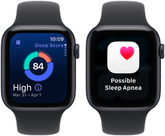 Dwa urządzenia Apple Watch SE 3 z aluminiowymi kopertami w kolorze północy prezentują na ekranach wynik snu i alert o prawdopodobnym bezdechu sennym