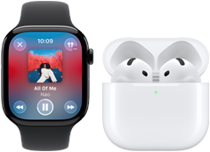 Apple Watch Series 11 z tytanową kopertą w kolorze łupku i paskiem sportowym w kolorze czarnym. Na ekranie otwarta aplikacja Apple Music. Urządzenie sparowane ze słuchawkami AirPods 4