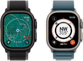 Dwa urządzenia Apple Watch Ultra 3, na jednym widać mapy, na drugim narzędzia funkcji Ślad, w tym kompas, wysokość n.p.m. oraz oznaczone punkty trasy