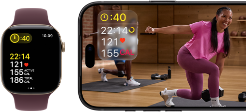 Apple Watch obok iPhone’a z treningiem Apple Fitness+ wyświetlonym na ekranie