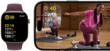 Apple Watch obok iPhone’a z treningiem Apple Fitness+ wyświetlonym na ekranie
