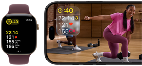 Apple Watch obok iPhone’a z treningiem Apple Fitness+ wyświetlonym na ekranie
