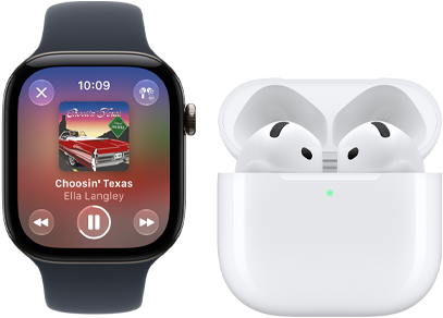 Apple Watch Series 12 z kopertą z aluminium w kolorze czarnym, z czarnym paskiem sportowym, z otwartą aplikacją Apple Music, sparowany ze słuchawkami AirPods 4