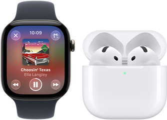 Apple Watch Series 12 z kopertą z aluminium w kolorze czarnym, z czarnym paskiem sportowym, z otwartą aplikacją Apple Music, sparowany ze słuchawkami AirPods 4