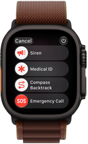 Apple Watch Ultra 4 z kopertą z tytanu w kolorze czarnym, połączenie satelitarne, widoczny prawy bok urządzenia, pokrętło Digital Crown, wystający przycisk boczny, opaska Alpine w kolorze burgunda