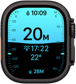 Apple Watch Ultra 4 z kopertą z tytanu w kolorze czarnym, widać aplikację Głębokość pokazującą parametry nurkowania, prawa strona obudowy, pokrętło Digital Crown, wystający przycisk boczny