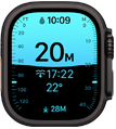 Apple Watch Ultra 4 z kopertą z tytanu w kolorze czarnym, widać aplikację Głębokość pokazującą parametry nurkowania, prawa strona obudowy, pokrętło Digital Crown, wystający przycisk boczny