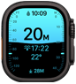 Apple Watch Ultra 4 z kopertą z tytanu w kolorze czarnym, widać aplikację Głębokość pokazującą parametry nurkowania, prawa strona obudowy, pokrętło Digital Crown, wystający przycisk boczny