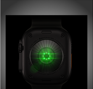 Tył Apple Watch Ultra 4, koperta z tytanu w kolorze czarnym z wieloma okrągłymi czujnikami i poświatą zielonych diod LED