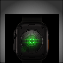 Tył Apple Watch Ultra 4, koperta z tytanu w kolorze czarnym z wieloma okrągłymi czujnikami i poświatą zielonych diod LED