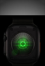 Tył Apple Watch Ultra 4, koperta z tytanu w kolorze czarnym z wieloma okrągłymi czujnikami i poświatą zielonych diod LED