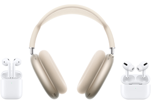 AirPods Pro w&nbsp;otwartym etui ładującym w&nbsp;kolorze białym i&nbsp;HomePod mini w&nbsp;kolorze północy