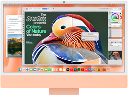 iMac, przód obudowy, kolor pomarańczowy, na&nbsp;ekranie apka do&nbsp;edycji zdjęć z&nbsp;narzędziami AI i&nbsp;apka Poczta w&nbsp;tle