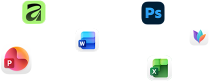 Różne ikony aplikacji unoszące się na&nbsp;ekranie, m.in. Microsoft Word, Adobe Photoshop, Canva i&nbsp;Figma