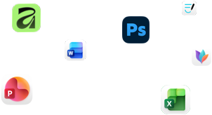 Różne ikony aplikacji unoszące się na&nbsp;ekranie, m.in. Microsoft Word, Adobe Photoshop, Canva i&nbsp;Figma